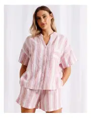 [Chloe & Lola] Divine Cheesecloth Mandarin Collar Short Sleeve PJ Set in Terracotta Stripe Print