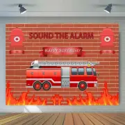7X5ft Fireman Birthday Backdrop Red Brick Wall Fire and Truck Background Banner