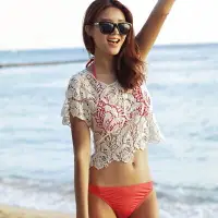 在飛比找樂天市場購物網優惠-韓國短款沙灘外套鉤花鏤空顯瘦沙灘衣泳衣比基尼罩衫防曬衣女
