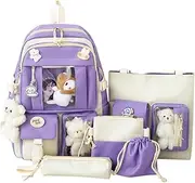 [Generic] Cute Student Backpack Set of 5 Pieces, 17 inch Beautiful Sports Bag, with Cute Backpack, Shoulder Bag, Pencil case, Handbag, Small Bag Purple