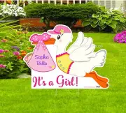 Welcome Home Baby Girl Yard Stork Decoration, Custom Newborn Lawn Announcement