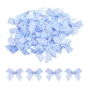 30Pcs Mini Gingham Ribbon Bow 1.5" Checkered Fabric Satin Light Blue and White