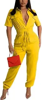 [ZonJie] Women's Summer Casual Jumpsuits Short Sleeve Button Up Cute Loose Drawstring Waist Wide Leg Jumpsuit Romper, 923yellow, Large