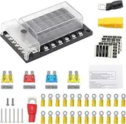 NUZAMAS 12 Volt Fuse Panel Block, Boat Fuse Panel with LED indication of blown fuses, Clear Dust-Proof Cover - 12 Circuits with Negative Bus Fuse Box for Car Marine RV Truck DC 12-24V, Fuses Included