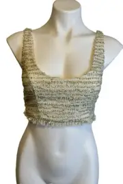 NBD Tweed Shawna Crop Top Ivory Metallic Gold Fringe Zip Size Small New With Tag