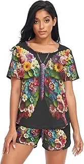 [RPLIFE] Flowers Butterfly Sleepwear Short Sets for Women, Matching Sets Women Clothing Loungewear, Flowers Butterfly, Medium