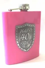 20121 40th PINK 150ml HIP FLASK WITH SHIELD BADGE GIFT BOX FORTIETH