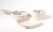 Premium Ceramic Cookware Set, Detachable Handle Design, Includes Frypan, Saucepan and Grill Pan with Glass Lids