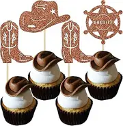 Ephlyn 30Pcs Cowboy Cupcake Toppers Glitter Cowboy Hats Boots Cupcake Picks Cowboy Party Cupcake Decorations for Western Theme Baby Shower Boys Birthday Party Cake Decorations Supplies Brown