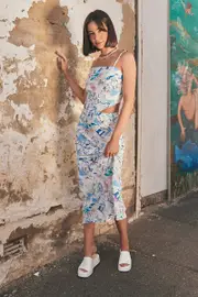 Blue Print Maxi Bias Skirt - Size 10, Women's Maxi Skirt