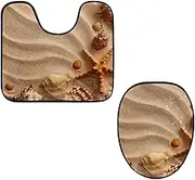 Toilet Lid Cover and U-Shaped Toilet Floor Mat Set of 2 Pieces, Sea Shells with Sand Toilet Mat Set, Machine Washable Seat Covers Non-Slip Absorbent Rugs