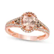 Oval Morganite and 0.25 CT. T.W. Champagne and White Natural Diamond Frame Split Shank Ring in Solid 14K Rose Gold