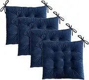 4 Pack Square Seat Cushion Chair Pads for Kitchen Dining Chairs, Soft Comfort Velvet Chair Mat Pillow Cushions with Ties for Office Desk Living Room Tatami 15.5" (Blue)