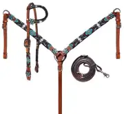 Turquoise & Burgundy Beaded Aztec One Ear Headstall & Breast Collar & Rein NEW