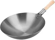 Carbon Steel Wok, Hand Wrought Iron Wok, Hand Hammered Carbon Steel Traditional Chinese Professional Wok with Premium Elm Wood and Steel Auxiliary Handle-36cm