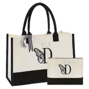 Initial D Canvas Tote Bag with Makeup Bag, Reusable Beach Tote Bag