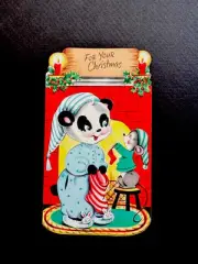 1 VTG Xmas Greeting Color Card Cute Mouse Dropping Sock In Panda’s Stocking