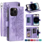 For iPhone 15 14 13 12 11 Pro Max XR XS 87 Zipper Leather Wallet Flip Stand Case