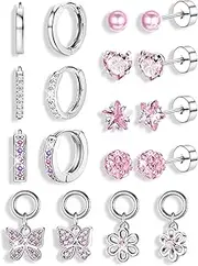 [Florideco] Hypoallergenic Earrings for Girls Women Surgical Stainless Steel Screw Back Stud Earrings for Girls Sensitive Ears Hoop Earrings Set Kids Earrings Toddler Earring Over 4 Years Old