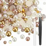 uxcell 100g Flatback Rhinestones, 3mm-10mm Mixed Rhinestones and Half Pearls with Pick Up Pen and Tweezer for Nail Art Crafts, Phone Case, Clothes DIY (Champagne)