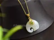 925 Sterling Silver White HeTian Jade Carved Cute Elephant Design Lucky Pendant