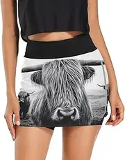 [RPLIFE] Highland Cow White Black Ladies Golf Skort, Women Running Shorts with Pockets, Athletic Running
