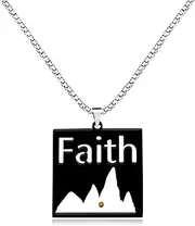 [Vivaday] Faith Mustard Seed Necklace | Square Stainless Steel Matthew 17:20 Inspirational Christian Pendant | Custom Initial Mountain Necklaces for Skiers, Hikers, Campers, Climbers, in White/Black