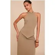 Khaki Textured Halterneck Tie Back Top, Khaki