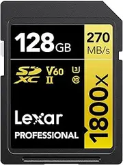 Lexar Professional SDXC Card, 128 GB, GOLD Series, 1800x UHS-II Class 10, U3, V60, Maximum Readout, 270MB/s Maximum Write: 180MB/s, Supports Domestic Manufacturers, LSD1800128G-BNNNG