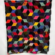 Unfinished Vintage Quilt Top Dark Colors Velvet Tumbling Blocks Patchwork Boho