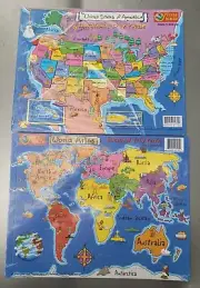 1999+2000 Puzzle World United States USA+World Map Atlas-2Frame Tray Puzzles-NEW