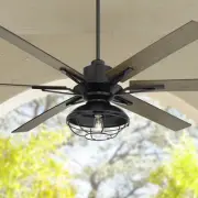 60" Industrial Outdoor Ceiling Fan with LED Light Remote Matte Black Living Room