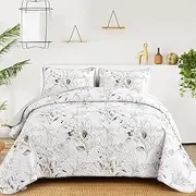 Botanical Quilt Set King,3 Pieces Reversible Elegant Gray Leaves Pattern Bedspread Coverlet Soft Microfiber Bed Cover for All Season(104"×90)