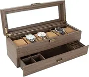6-Slot Watch Box for Men, Carbon Fiber Leather Watch Case Display with Drawers, 2 Layers Multifunctional Jewelry Storage Holder with Glass Lid Clear Top by Calife (Grain Light Brown)