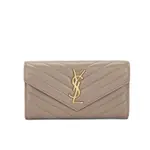 【YSL】MONOGRAM系列V字縫線超柔軟NAPPA小羊皮金屬LOGO釦式長夾/手拿包