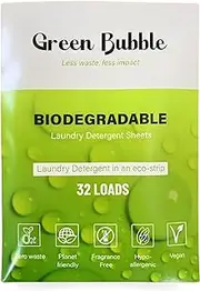Green Bubble Laundry Detergent Sheets - Eco-Friendly 32 loads Fragrance Free Travel Laundry Detergent Sheets | Plastic Free Laundry Strips W/Recyclable Packaging | Washer Sheets Detergent Fragrance Free