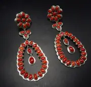 3.5" FEDERICO JIMENEZ Sterling Silver NATURAL RED ITALIAN CORAL Cluster EARRINGS