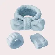 Plain Bow Face Wash Headband / Wristband Set of 3 - 1 Headband & 2 Wristband - Blue - One Size