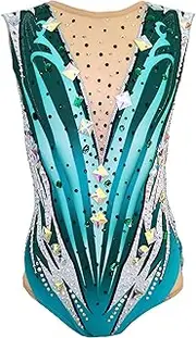 [JoyCan] Rhythmic Gymnastics Leotards Green Striped Diamond Sleeveless Girls Competition Performance