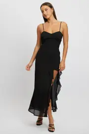 Black Bodycon Dress Maxi Ruffle Slit Chiffon - Size 6, Women's Bodycon Dress