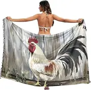 [XYMZR] Women's Sarong Swimsuit Coverups Retro Rooster Barn Chiffon Bikini Wraps Skirt with Tassels L