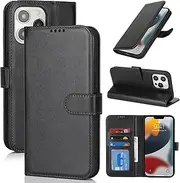 Cavor for iPhone 13 Pro Case Leather Wallet Folio Flip Cover with Kickstand and Photo Holder Card Slots Protective Shockproof Phone Cases-Black