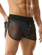 [Rexcyril] Men's Mesh Shorts Sexy See Through Underwear Sheer Fishnet Split Side Boxer Briefs