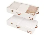Underbed Storage Box, Under Bed Clothes Organizer With Large Ivory White