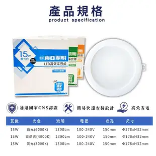 【東亞照明】LED崁燈 15W 直徑15公分 附快速接頭 全電壓 - 6入組(LED 崁燈 15W)