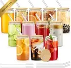 12 Pcs 16oz Glass Cups with Bamboo Lids & Straws, Beer Can Shaped, Gift Set