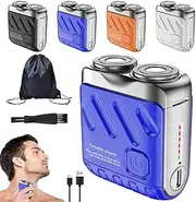 Portable Rotary Dual Ring Electric Shaver, USB-C Rechargeable Cordless Traveller Mini Electric Beard Shavers for Mens, Magnetic Suitcase Design Alloy Cutter Razor, Waterproof Easy Cleaning(Blue)