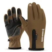 Touch Screen Gloves Zipper Thermal Winter Sports Skiing Warm Mittens Waterproof Brown