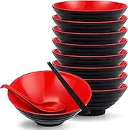 Eaasty 8 Set Ramen Bowl Japanese Style Ramen Bowls Melamine Noodles Bowl Asian Chinese Large Soup Bowls with Spoons and Chopsticks for Pho Udon Soba Asian Dishes Ramen Noodles, Black and Red