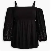 NWT Torrid Plus Size 3 Black Gauze Floral Embroidered Cold Shoulder Top